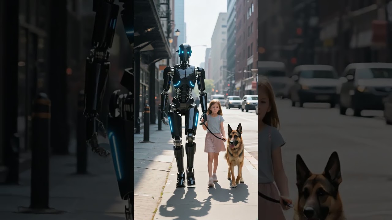 Robô humanoide industrial e menina caminham juntos: inovação em automação